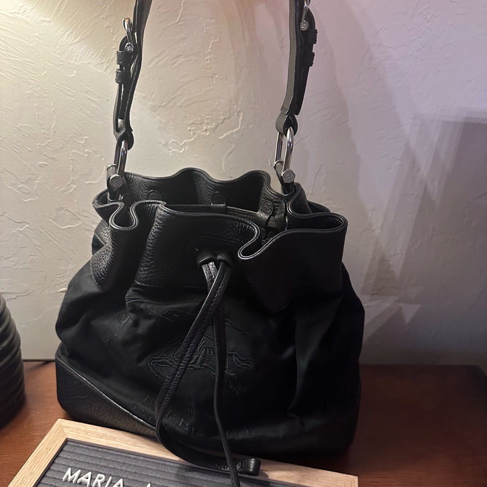 Burberry Black Leather Drawstring Shoulder Bag